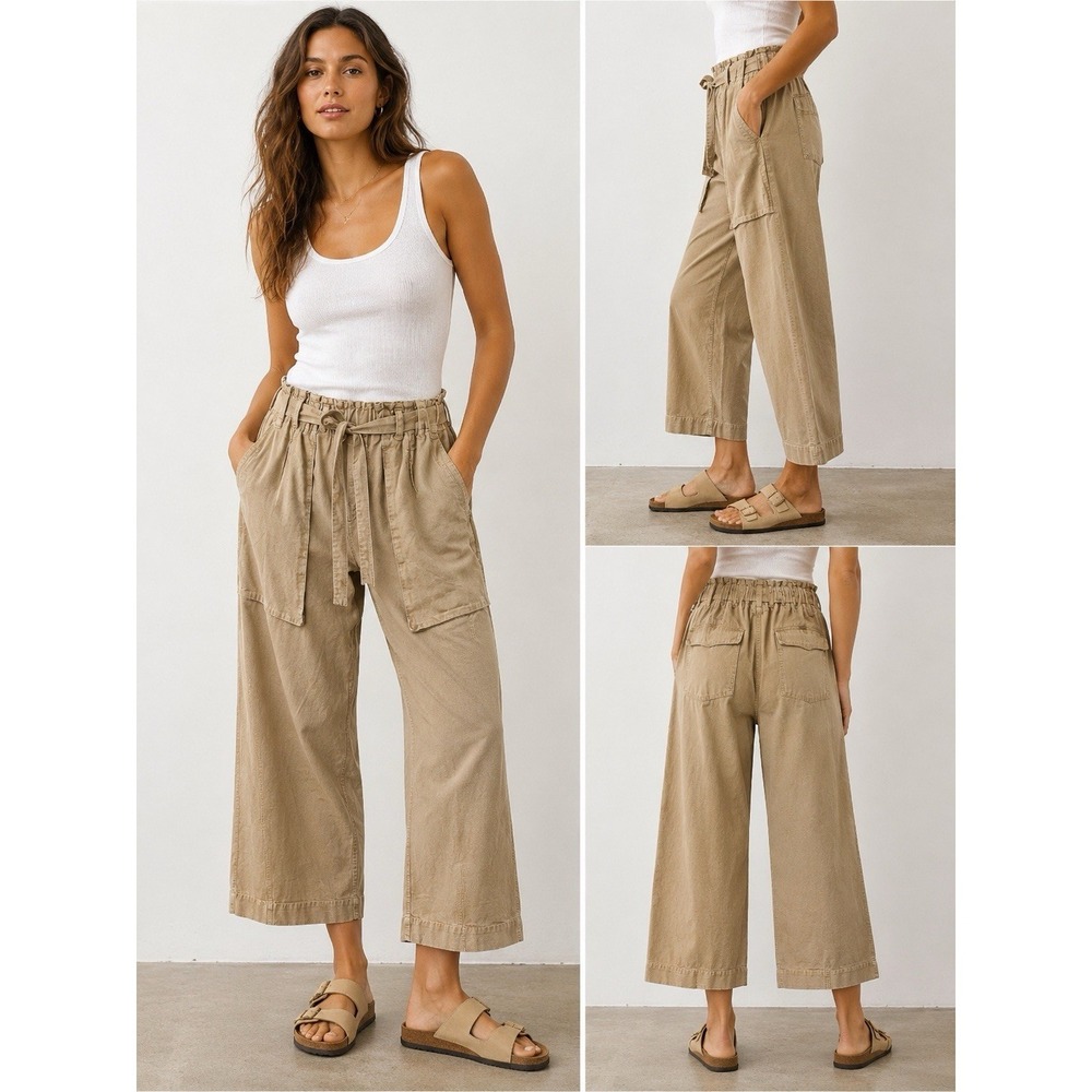 Free People Women's Khaki Sky Rider Belted Straight Leg Pants Size L